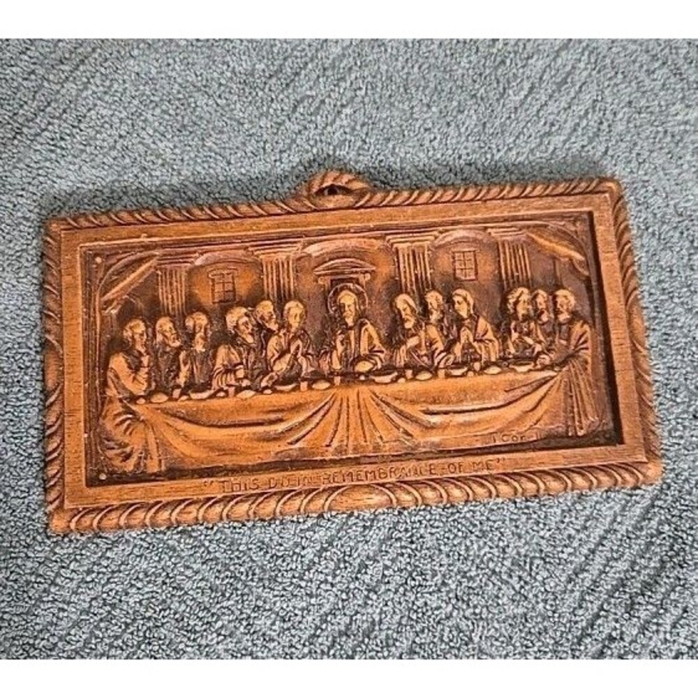Vintage Burwood 6 1/4" "The Last Supper" 3D Relief Wall Plaque Faux Wood